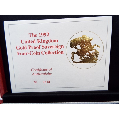 133 - Royal Mint 1992 22ct Gold UK Proof Four Coin Sovereign cased set with COA Comprising of Five Pound C... 