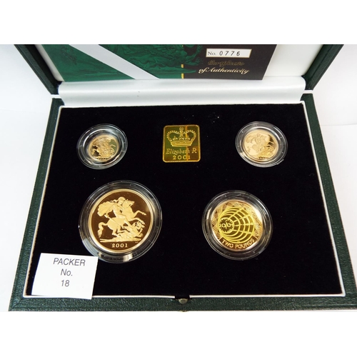134 - Royal Mint 2001 22ct Gold UK Proof Four Coin Sovereign cased set with COA Comprising of Five Pound C... 