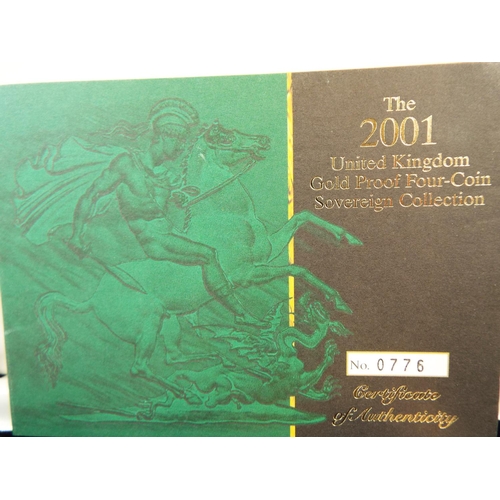 134 - Royal Mint 2001 22ct Gold UK Proof Four Coin Sovereign cased set with COA Comprising of Five Pound C... 