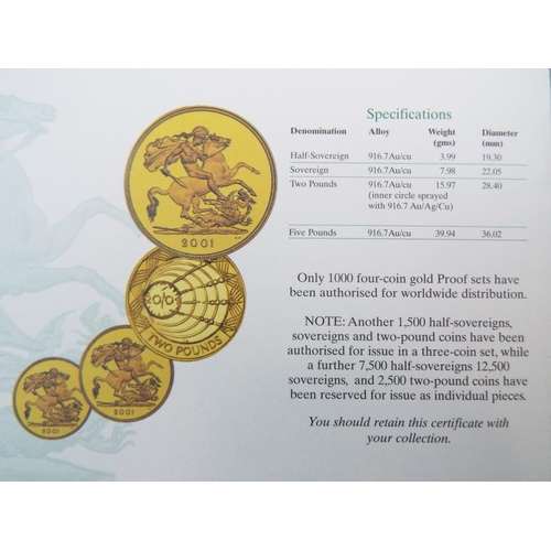 134 - Royal Mint 2001 22ct Gold UK Proof Four Coin Sovereign cased set with COA Comprising of Five Pound C... 