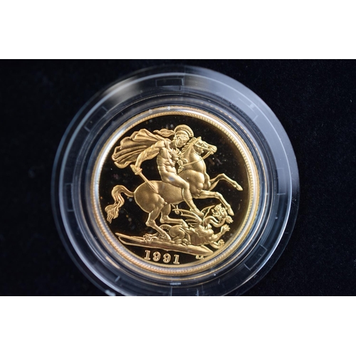 128 - Royal Mint 1991 22ct Gold UK Proof Four Coin Sovereign cased set with COA Comprising of Five Pound C... 
