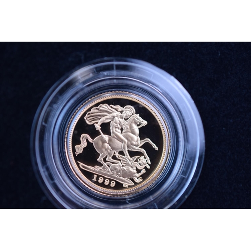130 - Royal Mint 1999 22ct Gold UK Proof Four Coin Sovereign cased set with COA Comprising of Five Pound C... 