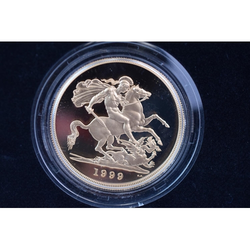 130 - Royal Mint 1999 22ct Gold UK Proof Four Coin Sovereign cased set with COA Comprising of Five Pound C... 