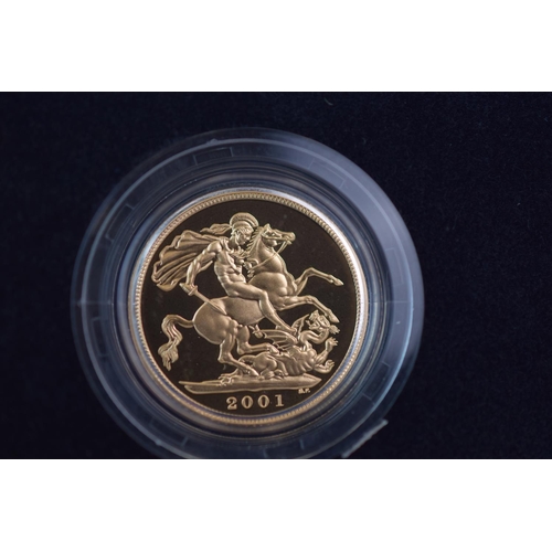 134 - Royal Mint 2001 22ct Gold UK Proof Four Coin Sovereign cased set with COA Comprising of Five Pound C... 