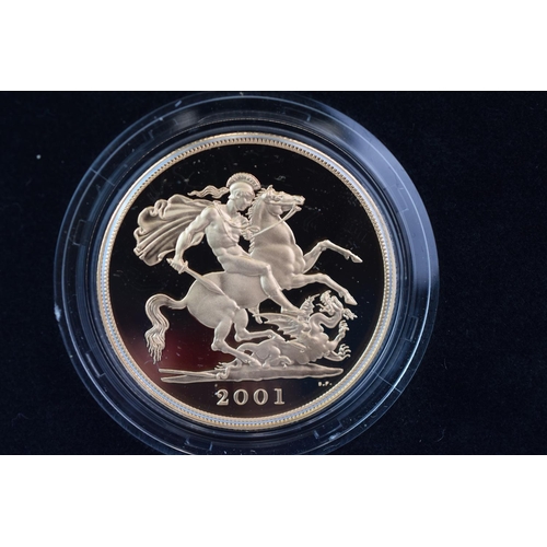 134 - Royal Mint 2001 22ct Gold UK Proof Four Coin Sovereign cased set with COA Comprising of Five Pound C... 