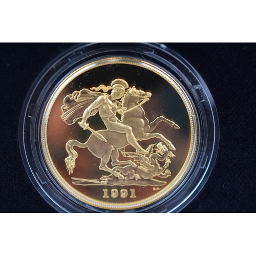 128 - Royal Mint 1991 22ct Gold UK Proof Four Coin Sovereign cased set with COA Comprising of Five Pound C... 