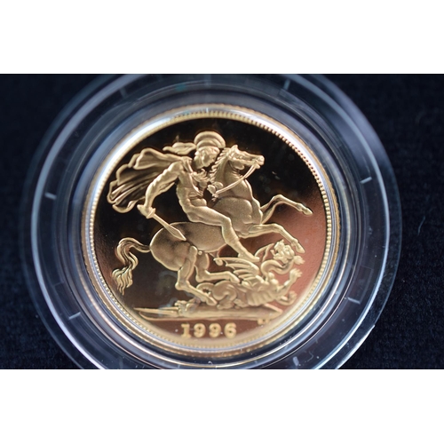 129 - Royal Mint 1996 22ct Gold UK Proof Four Coin Sovereign cased set with COA Comprising of Five Pound C... 