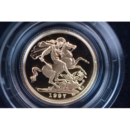 131 - Royal Mint 1997 22ct Gold UK Proof Four Coin Sovereign cased set with COA Comprising of Five Pound C... 