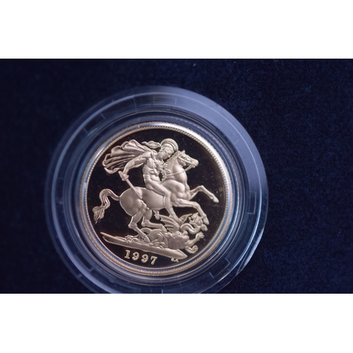 131 - Royal Mint 1997 22ct Gold UK Proof Four Coin Sovereign cased set with COA Comprising of Five Pound C... 