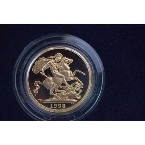 132 - Royal Mint 1998 22ct Gold UK Proof Four Coin Sovereign cased set with COA Comprising of Five Pound C... 