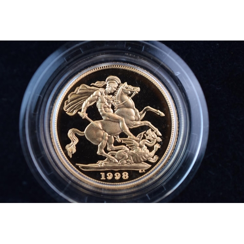 132 - Royal Mint 1998 22ct Gold UK Proof Four Coin Sovereign cased set with COA Comprising of Five Pound C... 