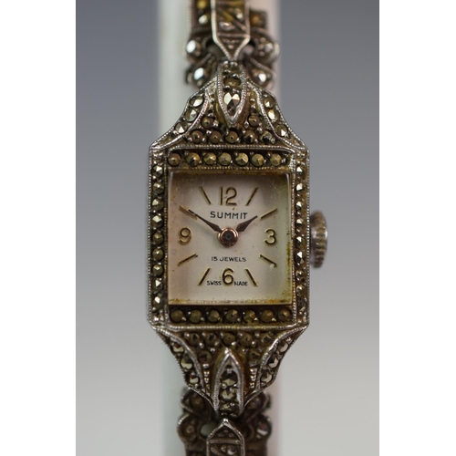 344 - Silver and marcasite ladies watch by Summit. 15 jewels, hallmarked silver case. Expanding marcasite ... 