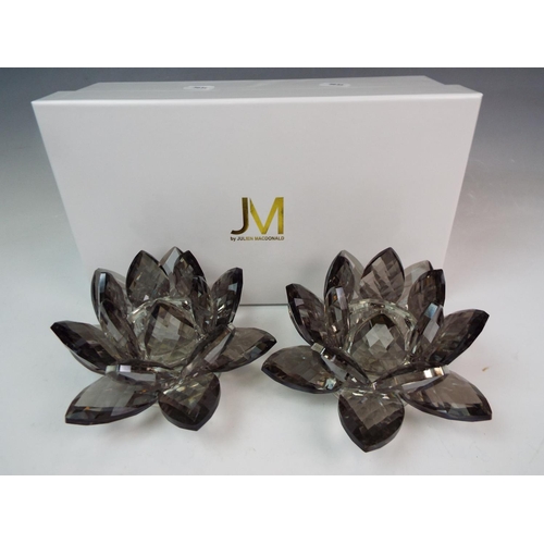 36 - A Pair of Julien Macdonald smokey glass tea light holders with box.