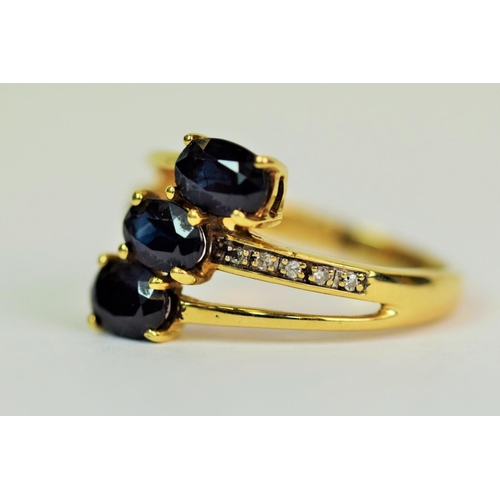 506 - 9ct Yellow Gold Ring set with Triple deep Blue Sapphires with Diamonds to shoulders. Each Sapphire i... 