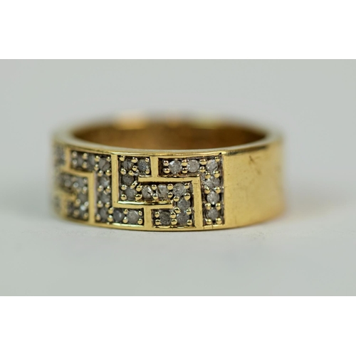 521 - 9ct Yellow Gold Ring set with Multiple (102) Diamonds in geometric deco style pattern. Approx 1.1 Ct... 