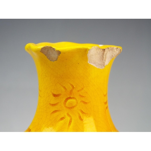 57 - Burmantofts bright yellow sunburst pattern vase Model no 855 (some chips to the rim) 9 inches tall.