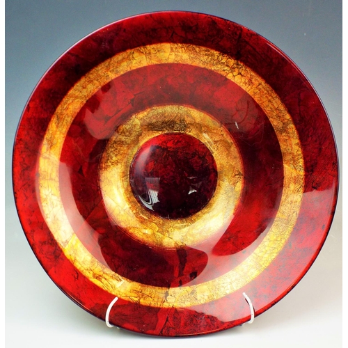 59 - Large Italian red and gold hand decorated glass charger bowl 15.5