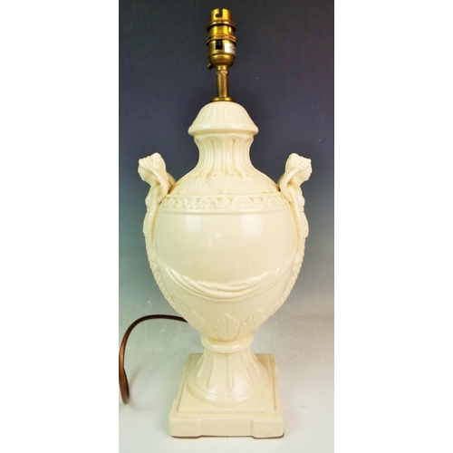 62 - Royal Creamware table lamp with mythical ladies to each side.