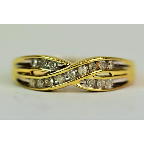 547 - 9ct Yellow Gold Crossover Ring set with approx 0.15pts of Diamonds, Finger size 'M'    2.5g