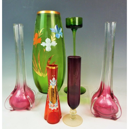 136 - Art glass vases and a Wedgwood glass candle holder.