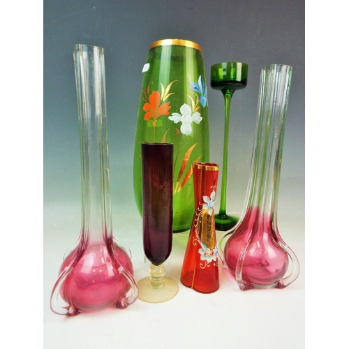 136 - Art glass vases and a Wedgwood glass candle holder.