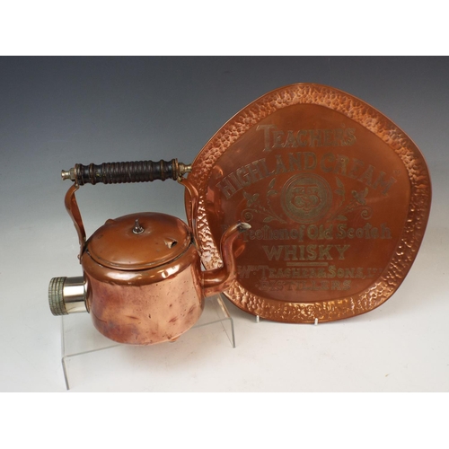 149 - Teachers highland cream whiskey copper tray & a vintage copper kettle