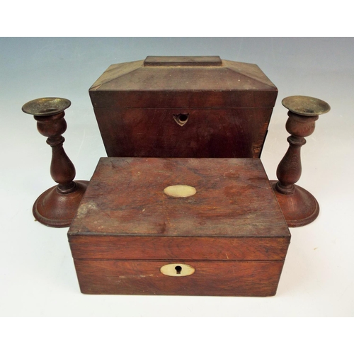 157 - Vintage wooden tea caddy , jewellery box & a pair of candlesticks.