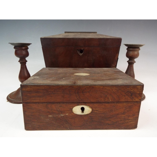 157 - Vintage wooden tea caddy , jewellery box & a pair of candlesticks.