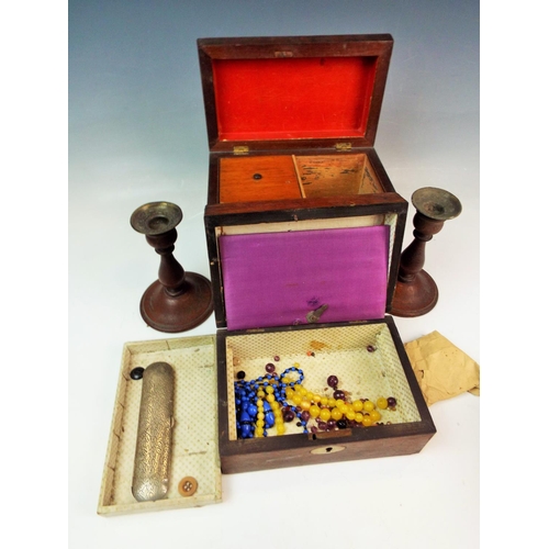 157 - Vintage wooden tea caddy , jewellery box & a pair of candlesticks.