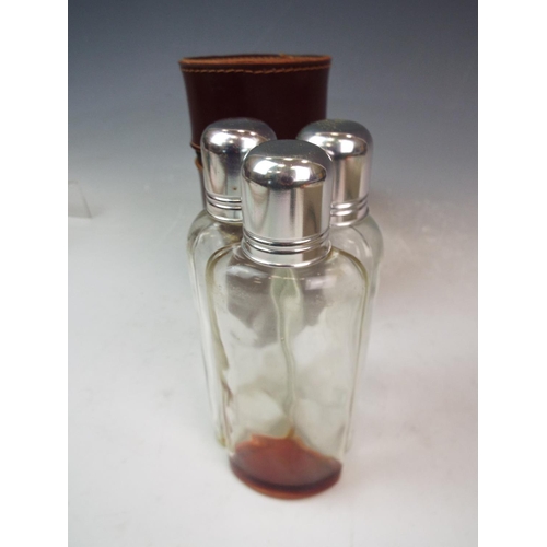 160 - A Grants Scotch whiskey leather travel decanter holder with original glass decanters.