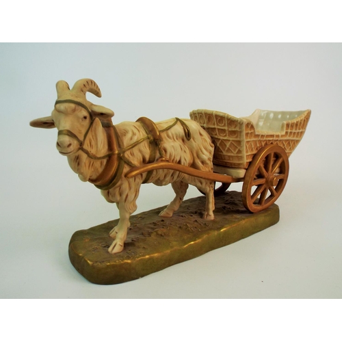 165 - Large Royal Dux bisque porcelain figurine of a goat and cart, 13