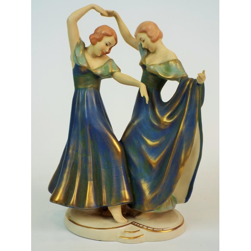 175 - Royal Dux bisque figurine of dancing ladies, 8.5