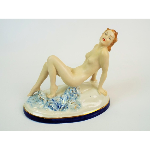 179 - Royal Dux figurine of a nude lady on waves C1930s modelled by Elly Strobach. 6.5