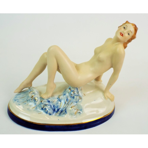 179 - Royal Dux figurine of a nude lady on waves C1930s modelled by Elly Strobach. 6.5