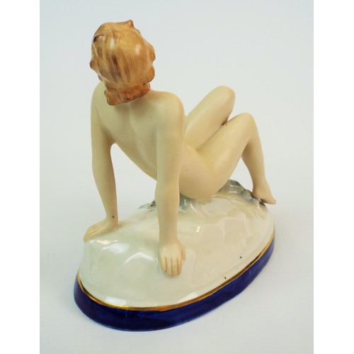 179 - Royal Dux figurine of a nude lady on waves C1930s modelled by Elly Strobach. 6.5