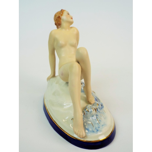 179 - Royal Dux figurine of a nude lady on waves C1930s modelled by Elly Strobach. 6.5