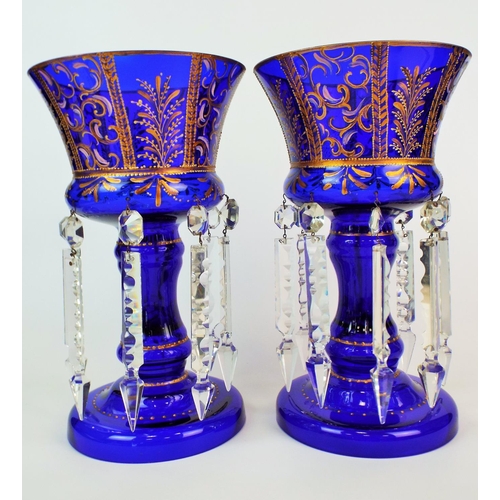 188 - A Pair of Bristol / Cobalt blue victorian lustres with hand painted gold detail. 12