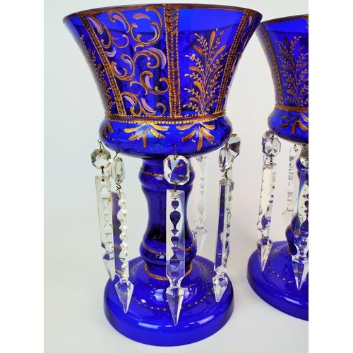 188 - A Pair of Bristol / Cobalt blue victorian lustres with hand painted gold detail. 12