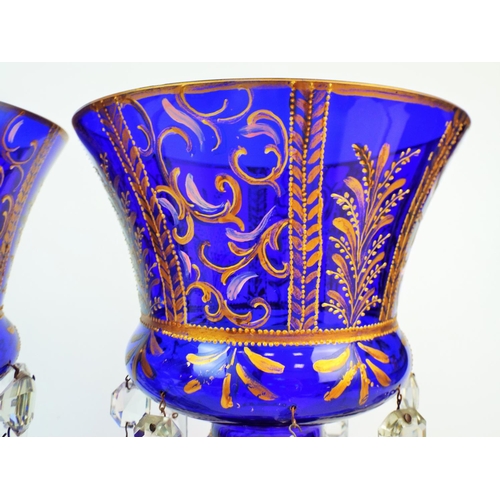 188 - A Pair of Bristol / Cobalt blue victorian lustres with hand painted gold detail. 12