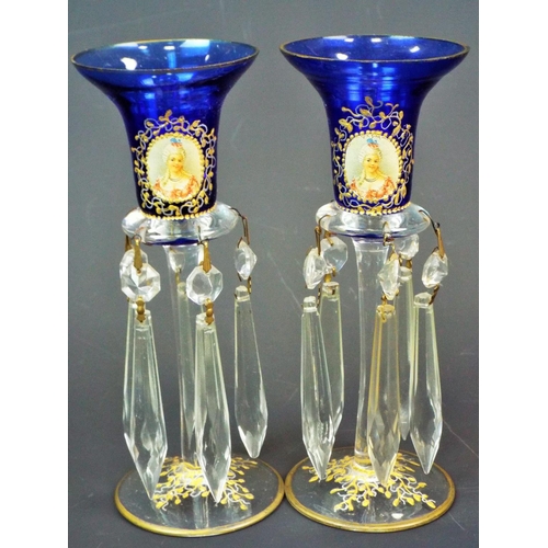 190 - A pair of Bohemian small wine glass lustres with portrait panel, hand decorated in blue and gold, ap... 