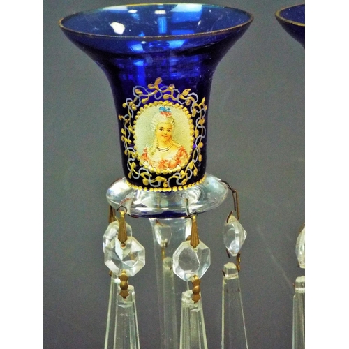 190 - A pair of Bohemian small wine glass lustres with portrait panel, hand decorated in blue and gold, ap... 