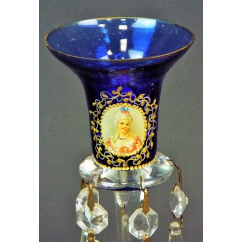 190 - A pair of Bohemian small wine glass lustres with portrait panel, hand decorated in blue and gold, ap... 