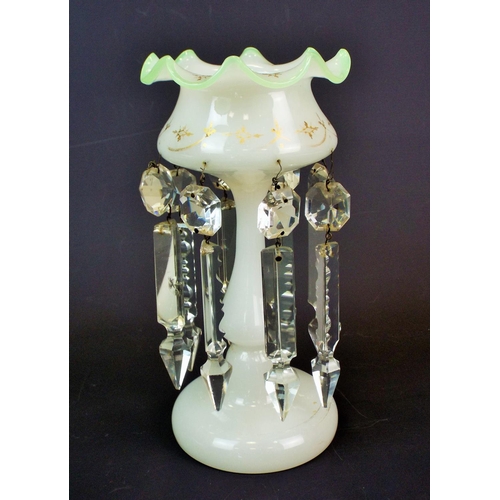 191 - Victorian opaque milk glass lustre with green rim, approx 9