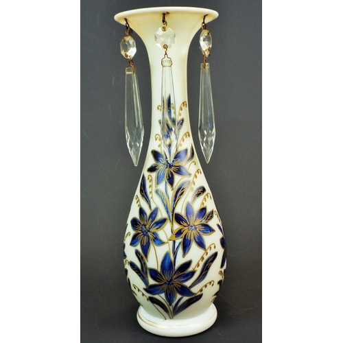 193 - Hand painted Victorian milk glass lustre vase decorated with blue and gold flowers, apporx 10