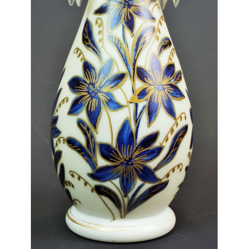 193 - Hand painted Victorian milk glass lustre vase decorated with blue and gold flowers, apporx 10