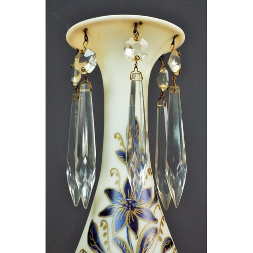 193 - Hand painted Victorian milk glass lustre vase decorated with blue and gold flowers, apporx 10