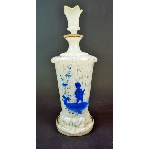 199 - Mary gregory style motiled white art glass bottle with hand painted blue design.