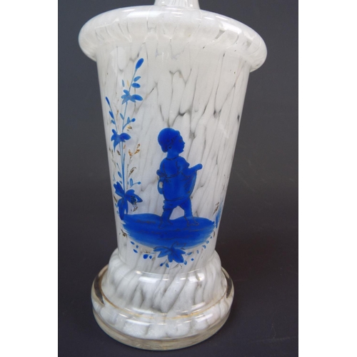 199 - Mary gregory style motiled white art glass bottle with hand painted blue design.