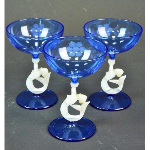 200 - Art Deco Bimini glass, Mermaid jug and 3 stemmed glasses in blue.