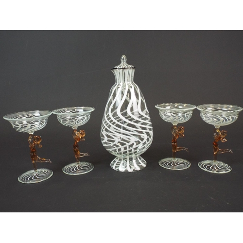 201 - Art Deco Bimini glass, white swirl jug and 4 figural nude lady stemmed glasses.